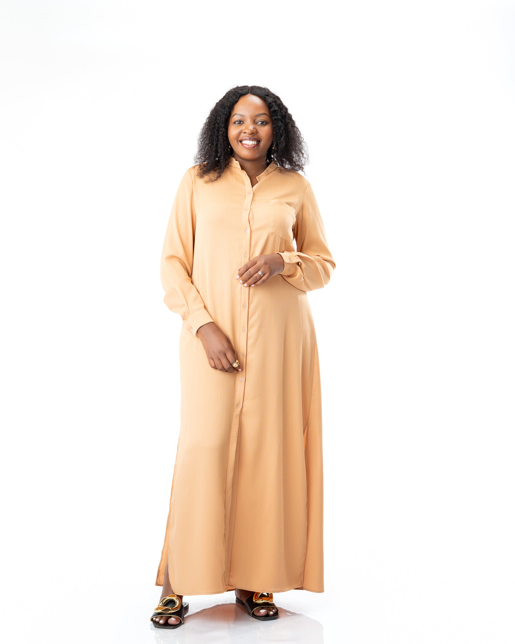Chiffon Maxi Shirt Dress in Camel